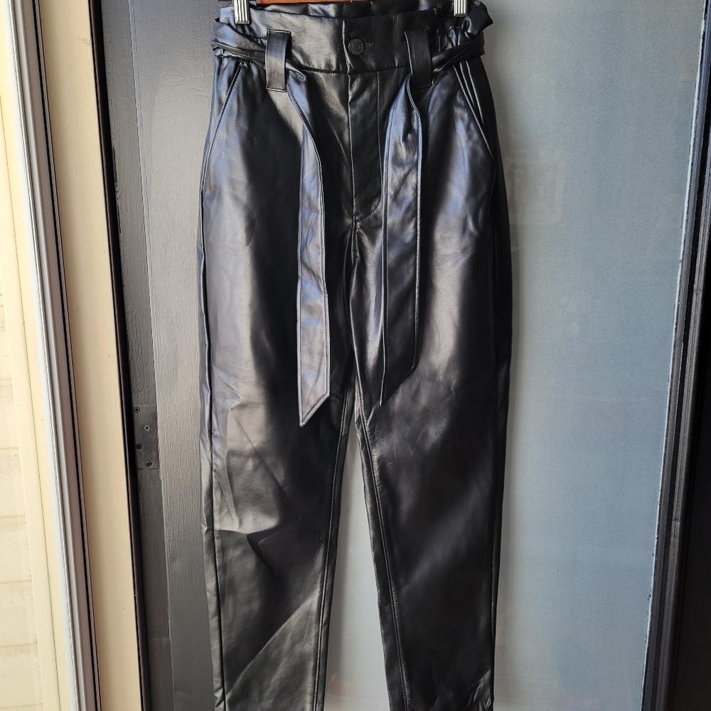 EXPRESS Faux Leather Super High Rise Ankle Leggings Pants 4R Tie Waist Black - Picture 1 of 9